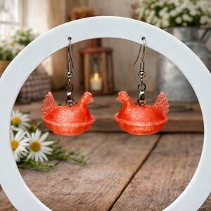 Hen on Nest HON Chicken Earrings Farmhouse Hypoallergenic Translucent Red